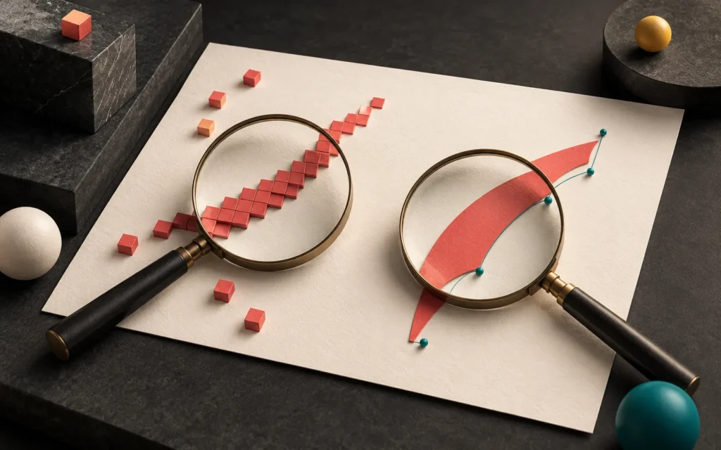 Vector and raster images compared with two magnifying glasses on cream paper: on the left a coral curve built from small squares, on the right a smooth coral curve with control points.