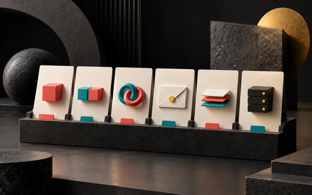 Koyu stantta sıralanan altı krem kart üzerinde küpler, bağlı halkalar, zarf, kâğıt katmanları ve küçük sunucu kabartmaları.