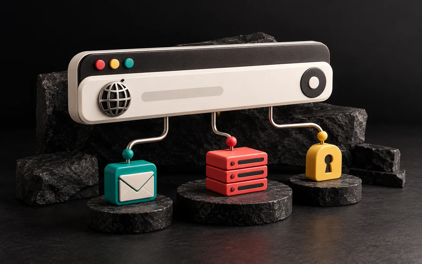Metal links running from a browser address bar on stone pedestals to an envelope, a coral server and a yellow padlock.