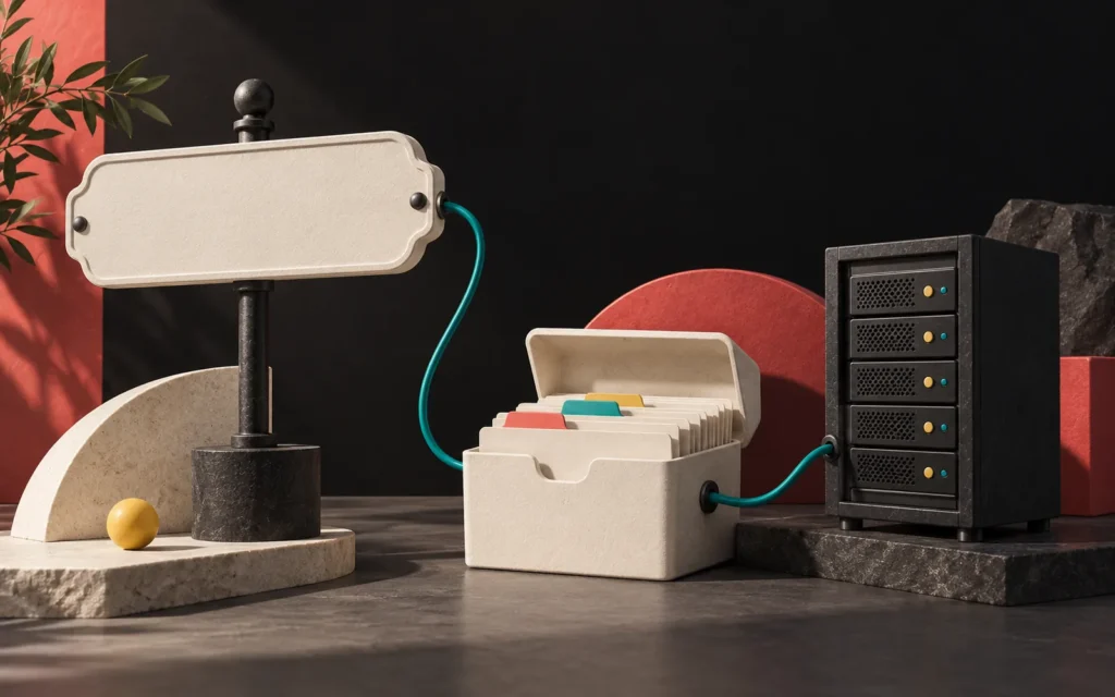 Domain name, DNS and hosting: a thin teal cord on a dark stone table connecting a blank address sign to a card index box and a server tower.