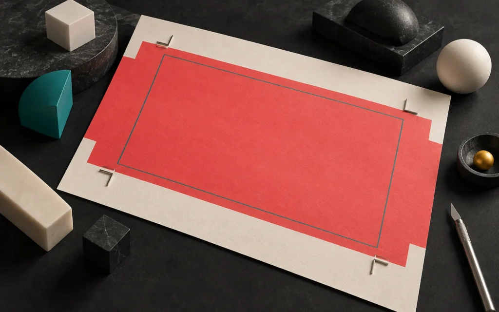 A coral color area bleeding past the edges of a cream print sheet on a dark table, with an inner safe-area line and corner crop marks.