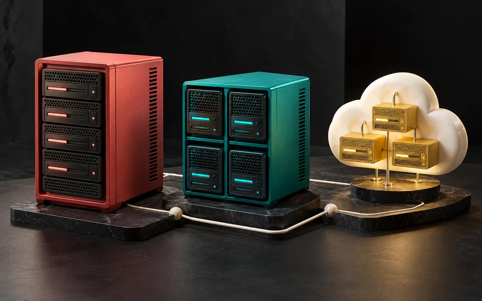 A single-case coral server, a compartmented turquoise server and small gold servers in front of a cream cloud, all on stone pedestals.