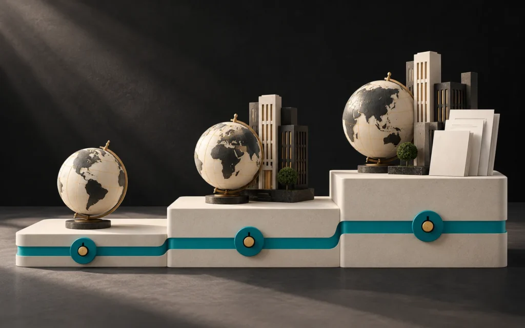 Cream steps holding a globe, a globe with a building, and a globe with a building and documents, with a continuous teal padlock strip along the base.