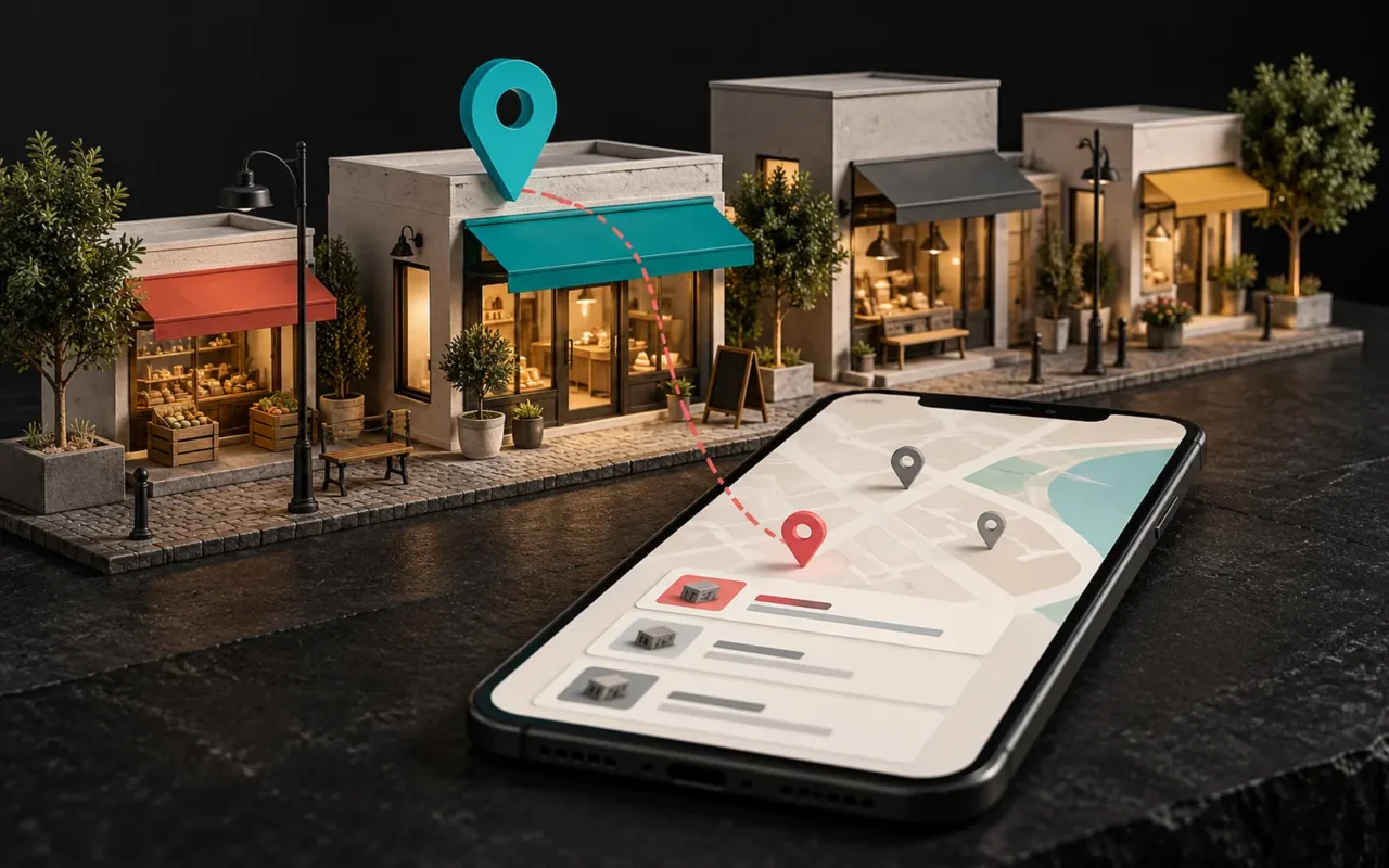 Turkuaz konum iğnesi taşıyan küçük dükkânların önünde, harita ve işletme kartlarını gösteren yatay bir telefon.