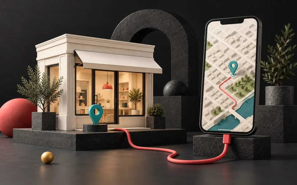 A coral cord connecting a cream shop model to a phone showing a map, with teal location pins above the shop and the map.