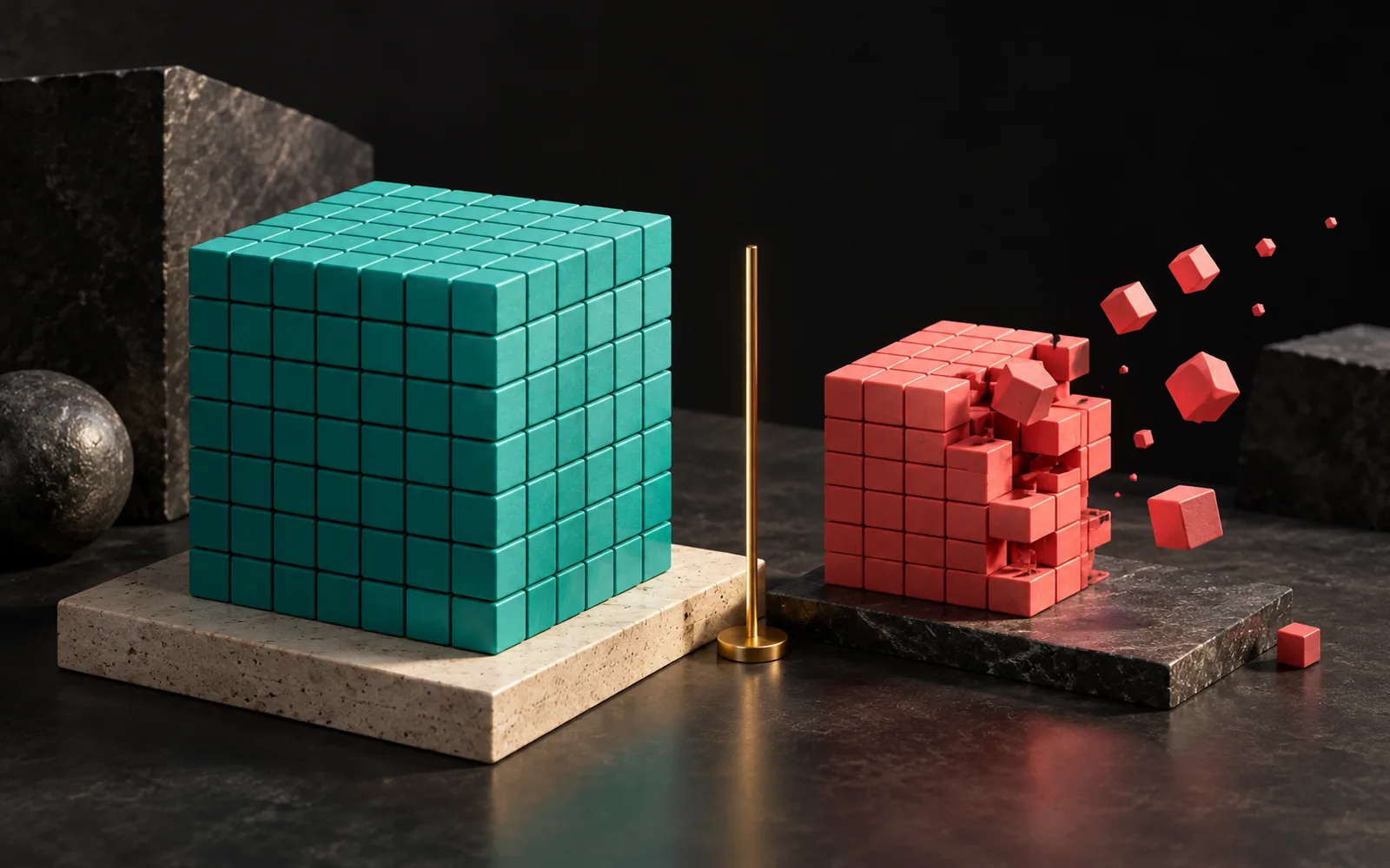 A tightly packed teal cube on a cream pedestal beside a smaller cube with small coral pieces breaking away from one edge.