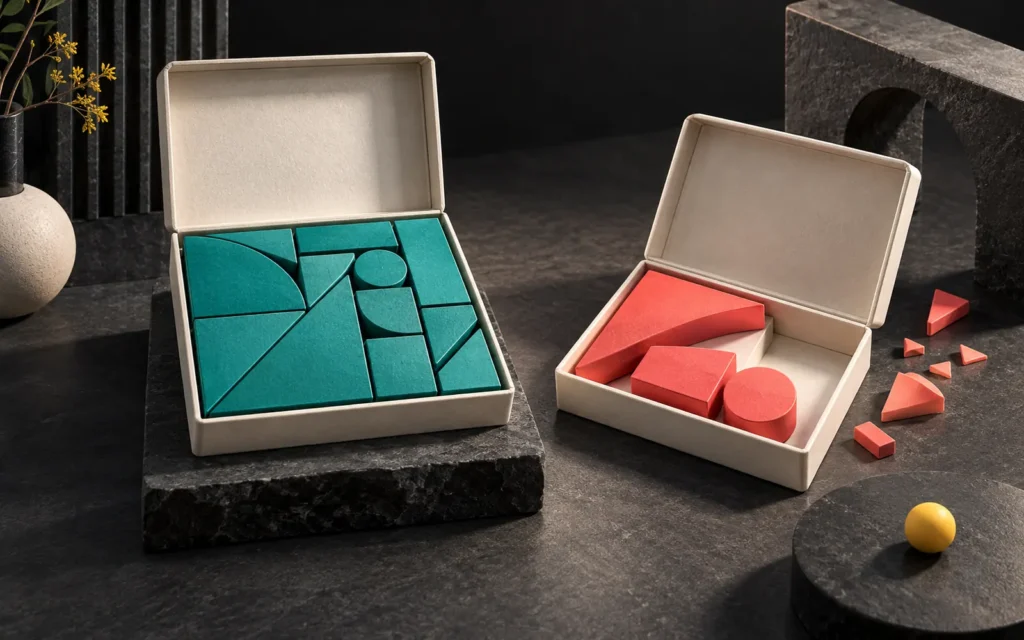 Two open cream boxes: one holds a complete, tightly packed set of teal pieces, the other fewer coral pieces with leftovers outside.
