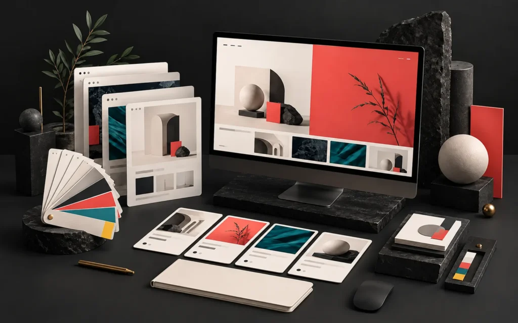 An Elementor corporate website interface on a dark work desk with layered page drafts, a color swatch fan, content cards and a cream sketchbook with a blank cover.