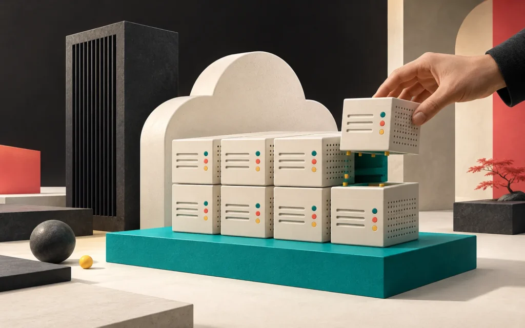 A hand adding a small server to a modular server cluster in front of a cream cloud, with a separate dark tower beside it and a teal platform below.