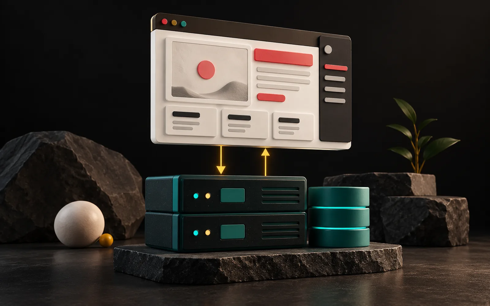 A layered scene with a cream web interface on top and a dark server and teal database cylinder below, linked by two-way connections.