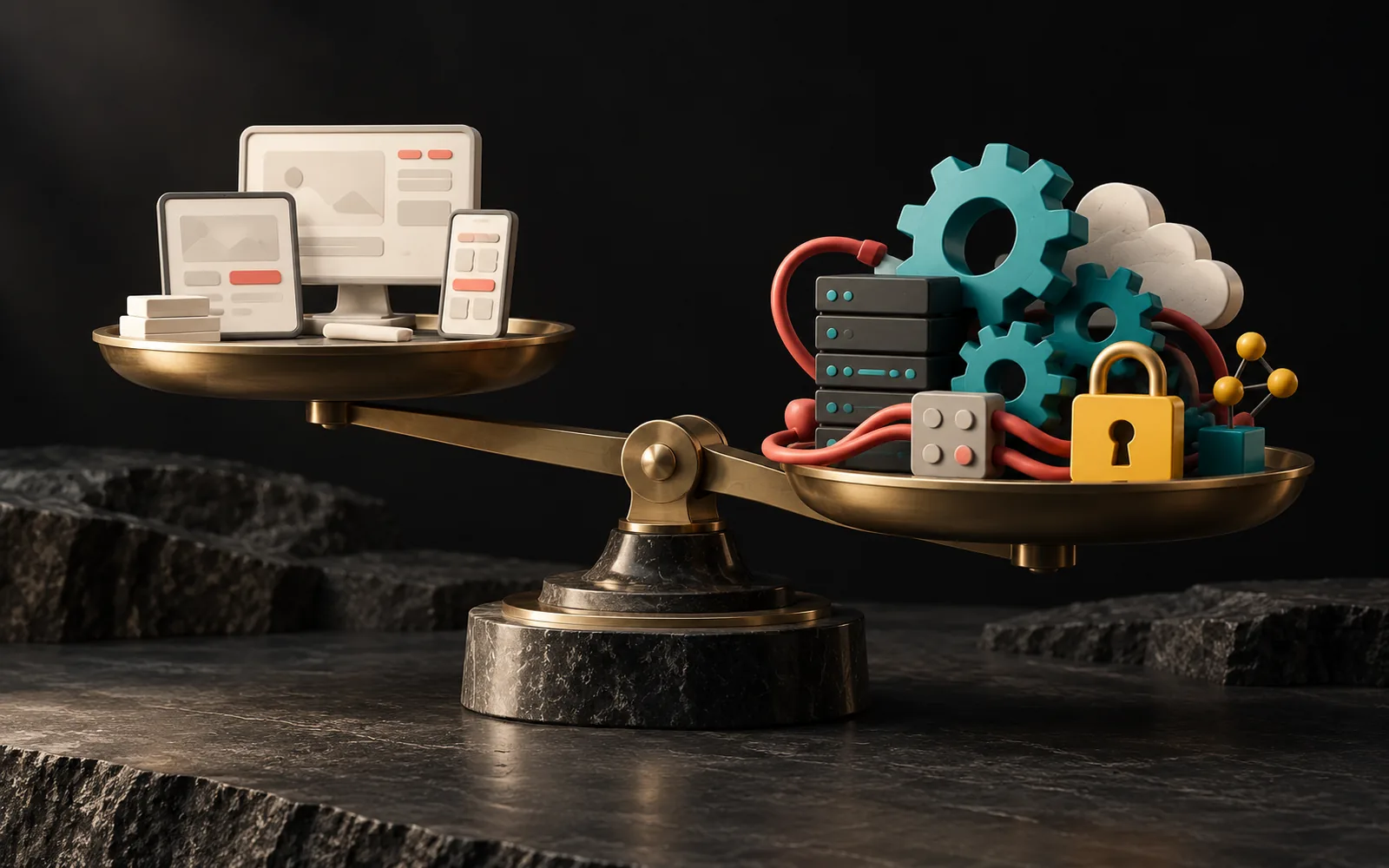 A brass balance with screen mockups in one pan and gears, a server, cables and a lock weighing down the other.