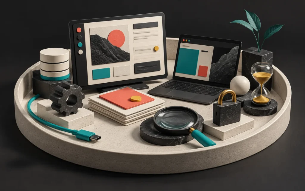 Screens, a database, a gear, a connecting cable, documents, a magnifying glass, a lock and an hourglass on a round cream project tray.