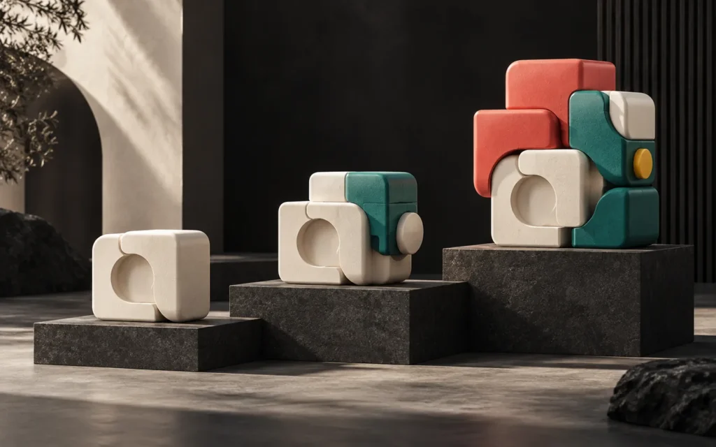 Three stages of a modular product on three stone steps, growing from a plain cream core as teal and coral pieces are added.