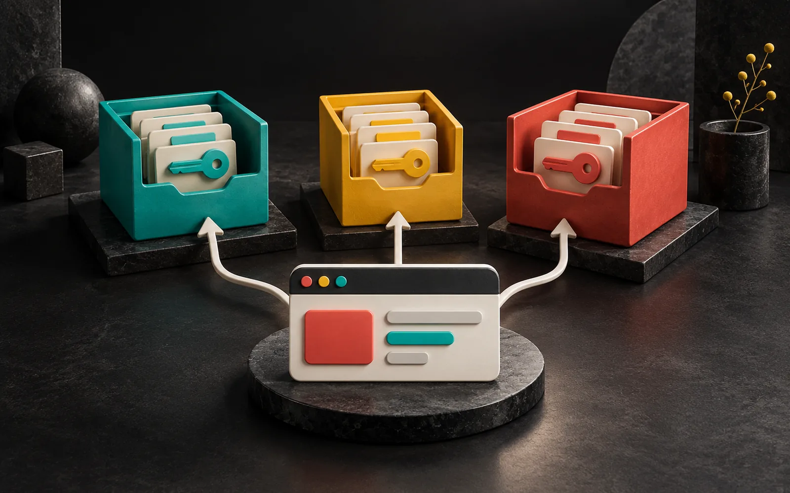 Teal, yellow and coral card-file boxes, each holding cards and a key, connected separately to a small web interface.
