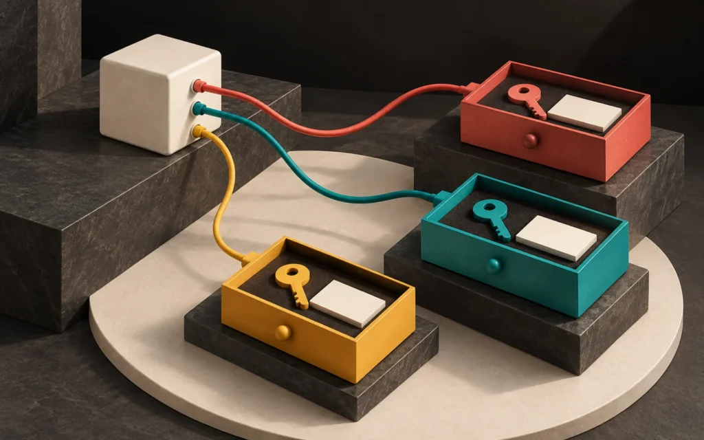 Three colored memory drawers connected by separate cables to a single cream client box, with matching colored keys and blank value cards.