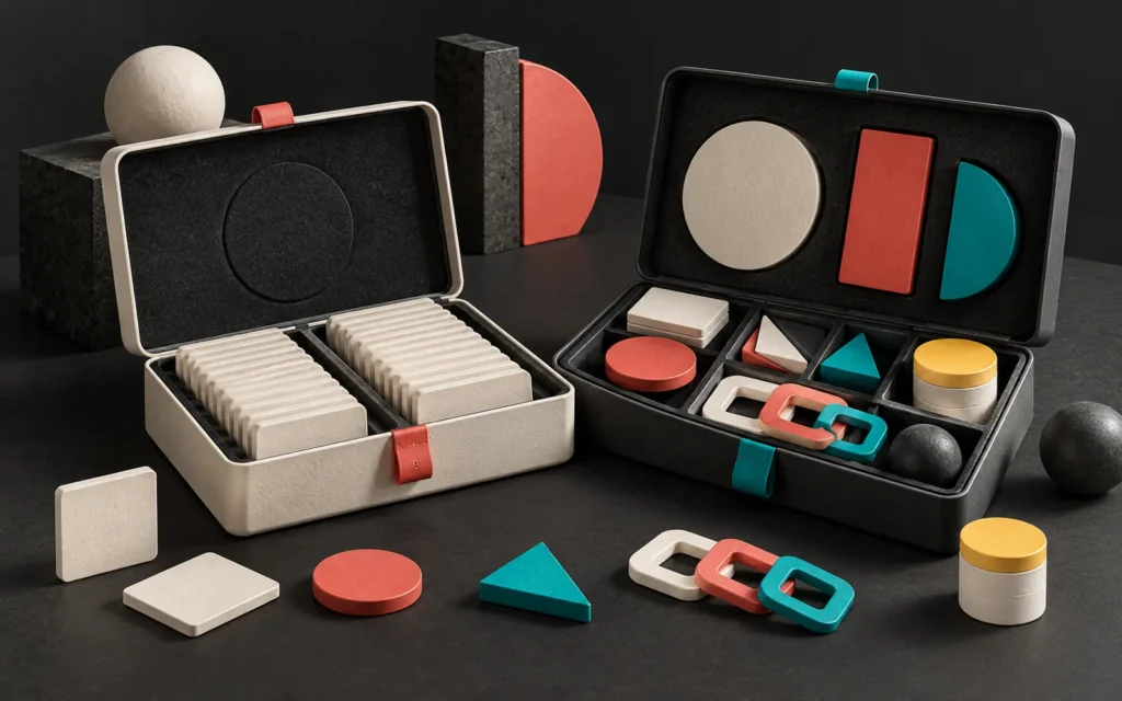 Two open toolboxes: one holds identical cream cards, the other different shapes, linked rings and a small storage cylinder.