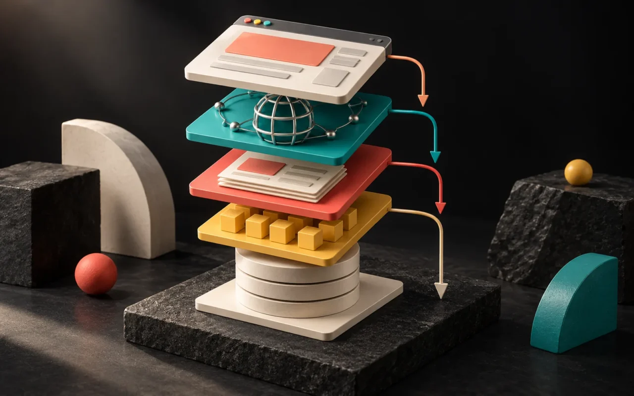 Colorful cache layers of object cubes, page cards, a network globe and a web interface stacked on a cream database.