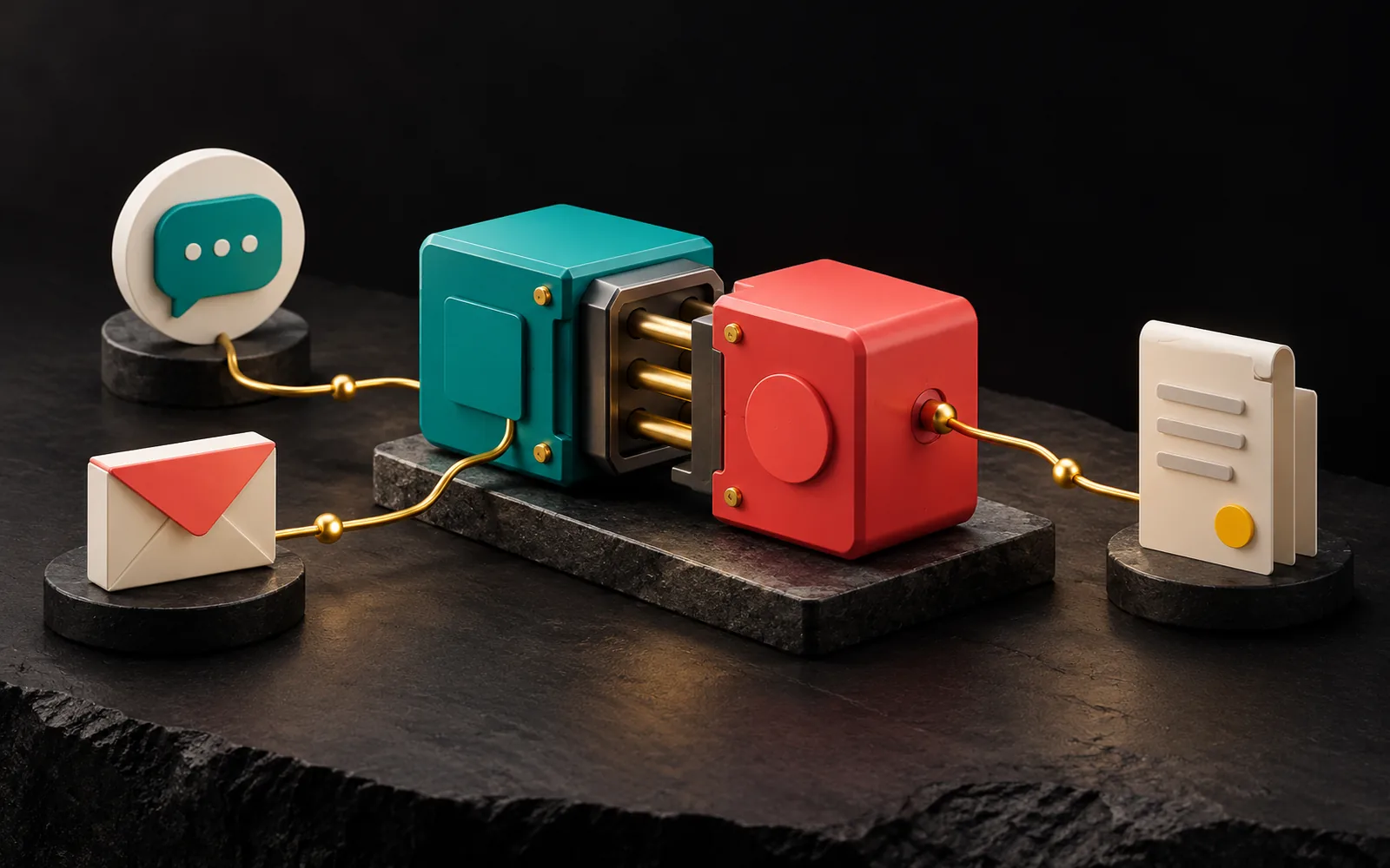 Teal and coral connector modules joining in a shared socket, surrounded by a speech bubble, an envelope and a document.