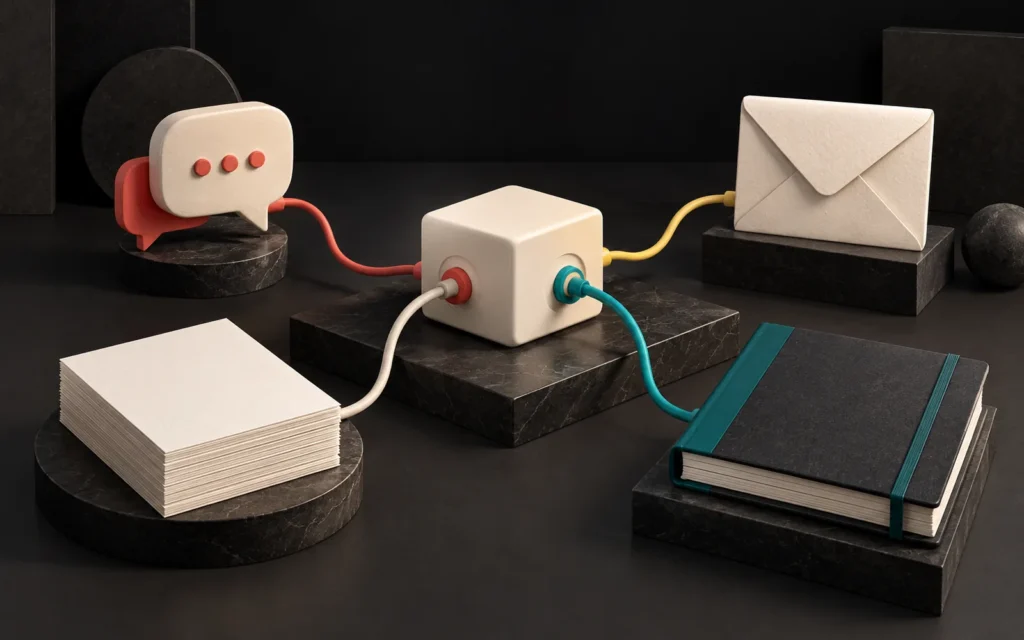 Separately colored cables running from a central cream software cube to a speech bubble, an envelope, a stack of blank documents and a closed ledger.