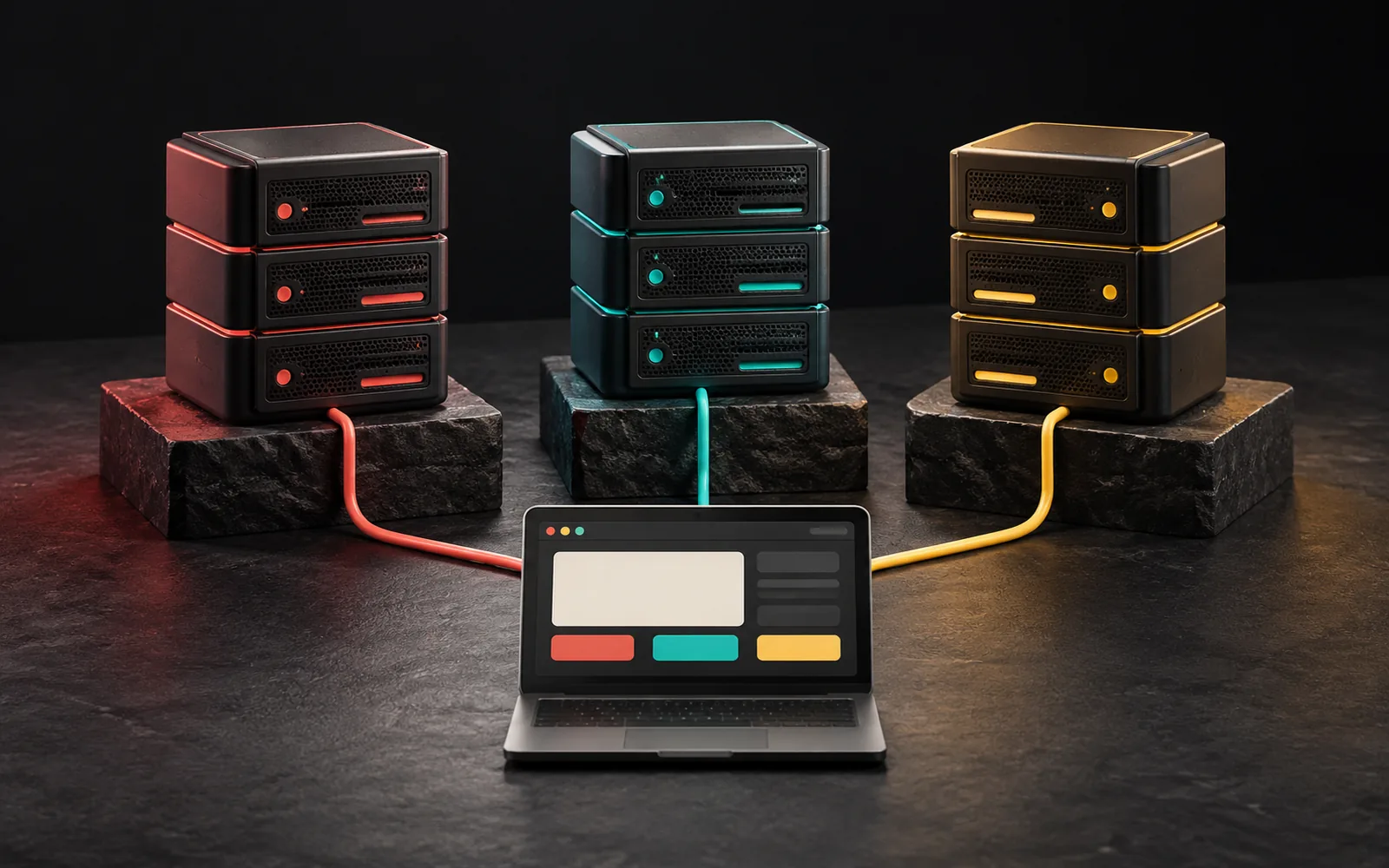 Three server towers of equal size with coral, turquoise and yellow details, each connected to a laptop by a different colored cable.