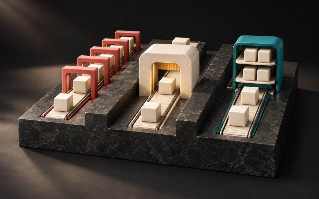 Three processing paths on one stone base: a row of repeated coral doors, a single cream gateway and a turquoise shelf of ready pages.