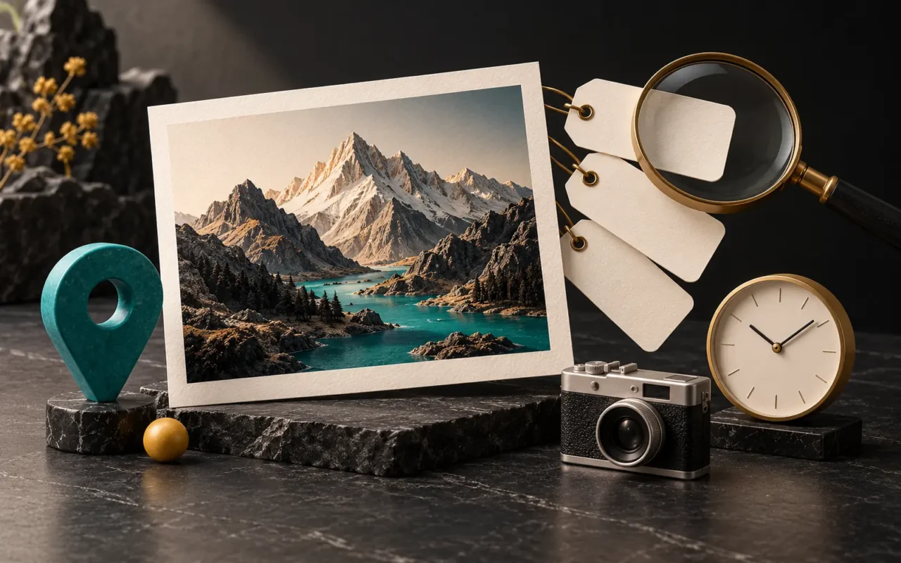Dağ ve göl fotoğrafının yanında boş etiketler, büyüteç, küçük fotoğraf makinesi, rakamsız saat ve turkuaz konum iğnesi.