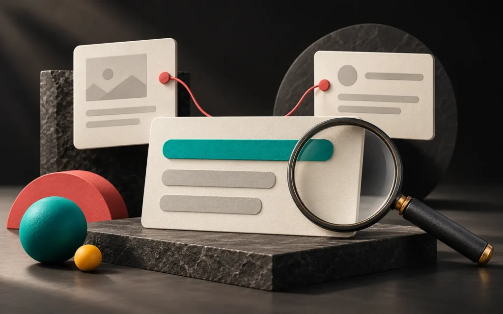 A magnifying glass examining a search result card with a teal title strip on a stone pedestal, with coral lines running to two source cards behind it.