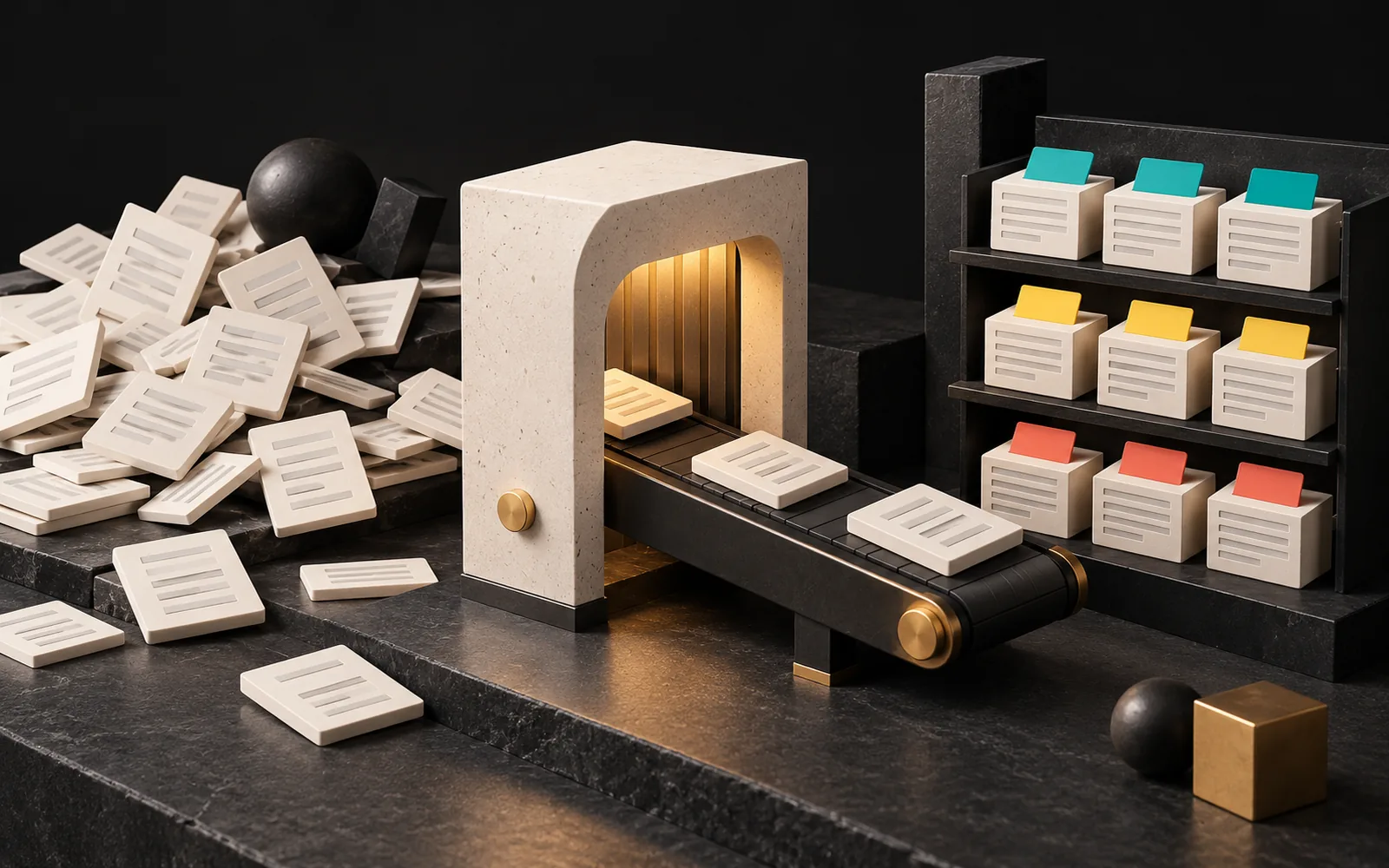 A desk scene where scattered cream page cards pass through a small sorting gate and are filed onto shelves with colored tabs.