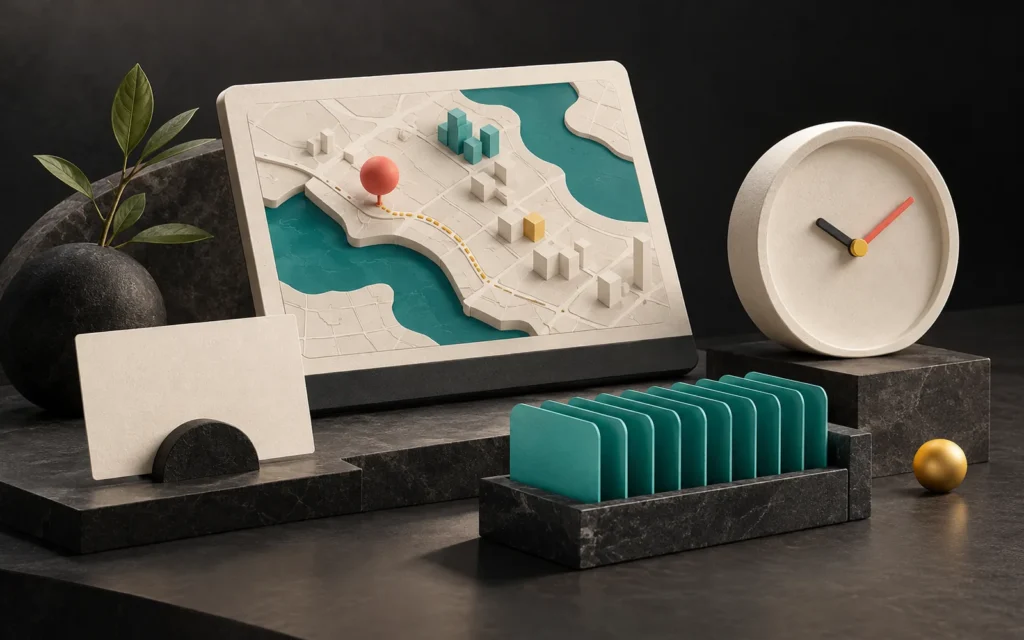 A blank business card, neatly arranged teal data cards, a board showing a relief map and a cream clock without numbers on a dark table.