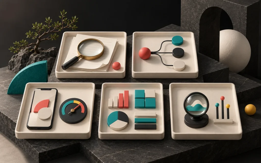A technical SEO checklist as five cream audit trays holding a magnifying glass, branching links, a phone and a gauge, tidy data shapes and a monitoring lens.