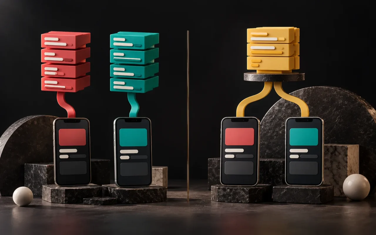 Solda ayrı renkli bileşen yığınlarına bağlanan iki telefon, sağda tek sarı bileşen yığınını paylaşan iki telefon maketi.