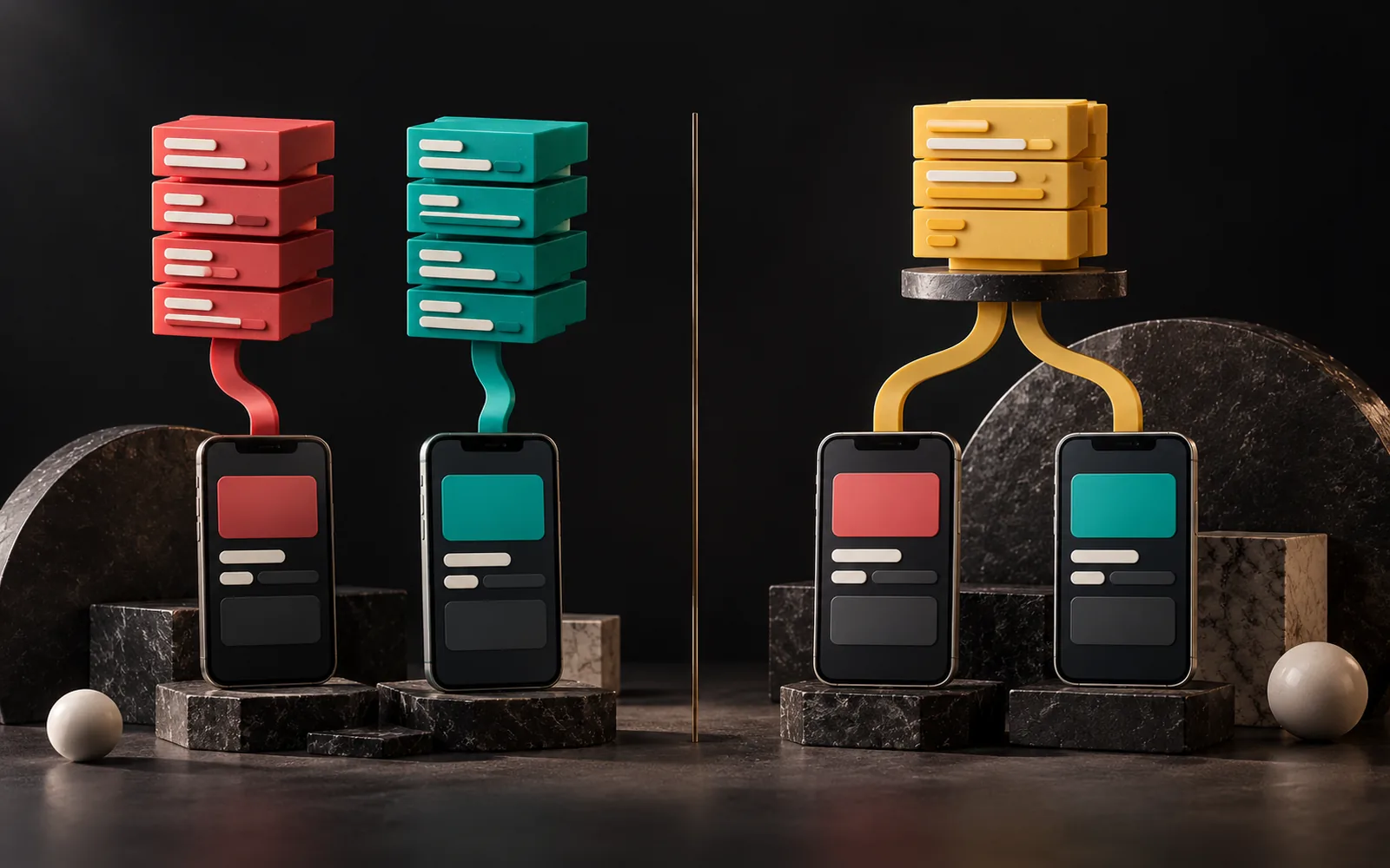 Two phones on the left connected to separate, differently colored component stacks; on the right, two phone mockups sharing a single yellow stack.