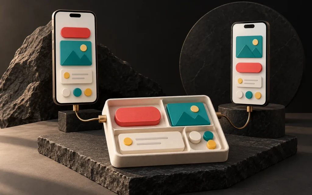 Two phones on dark stone platforms taking the same coral button, teal image and cream card components from a shared tray in the middle.