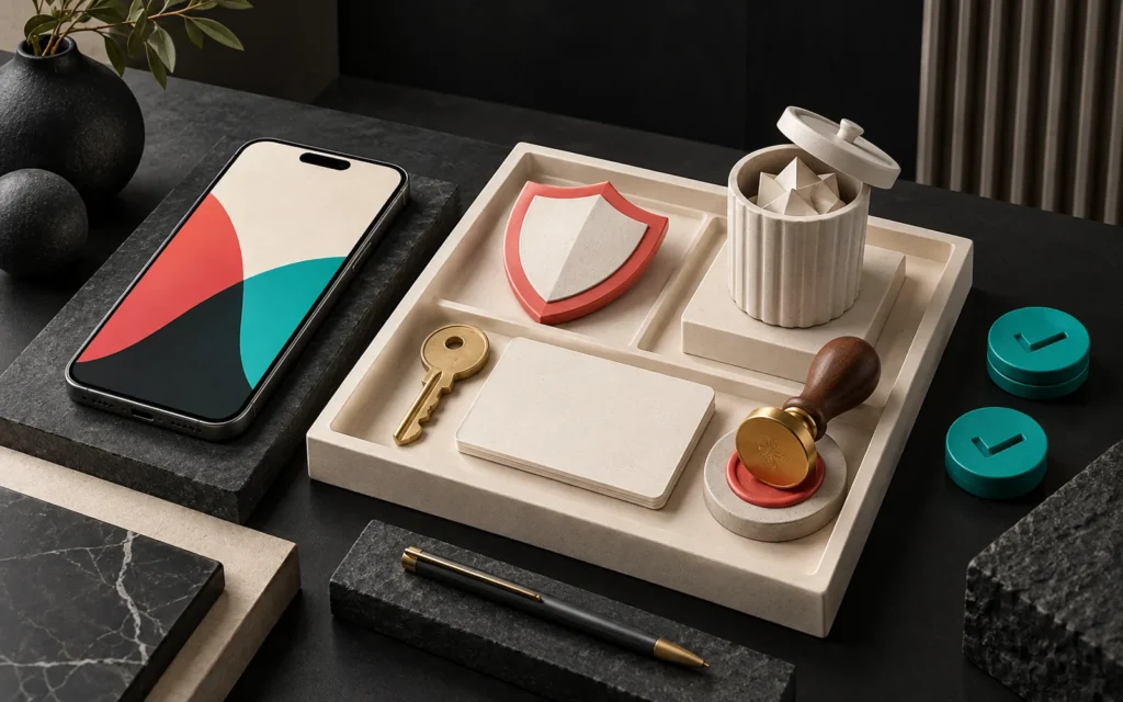 A shield, a key, a blank document, a seal and a paper box on a cream checklist tray next to a phone, with two teal check stones outside it.