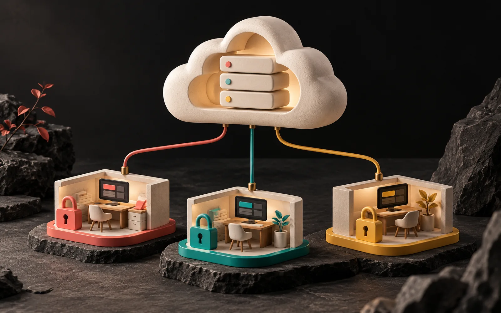 Three small offices, each separated by a lock of a different color, connected by separate cables to a shared server inside a cream cloud.