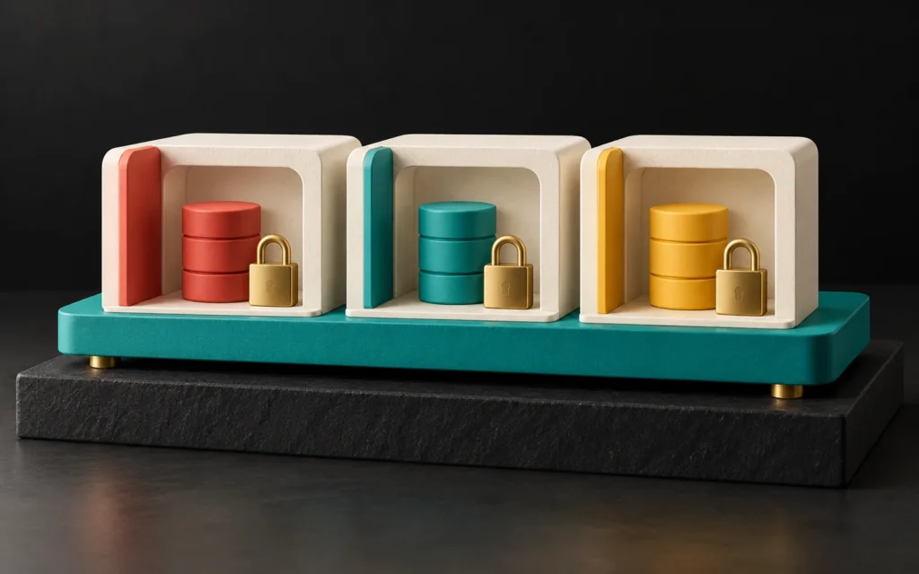 SaaS data isolation: small gold locks guarding coral, teal and yellow data cylinders in three separate cream compartments on a shared teal platform.