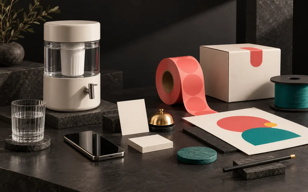 A group of objects on a dark desk representing different business services: a water dispenser, a glass, a phone, a bell, blank cards, a label roll and a package.