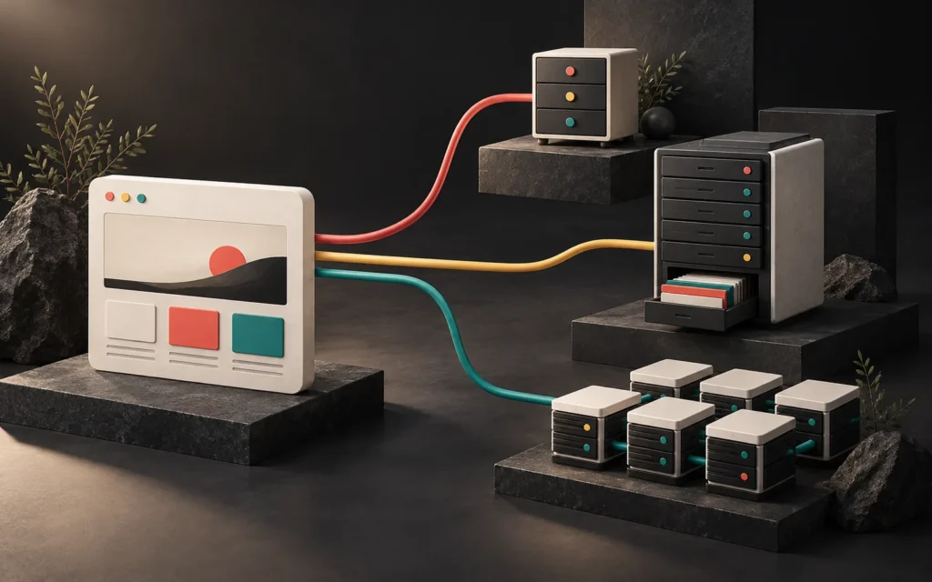 Coral, yellow and teal cables branching from a cream web page to a small server, a large server case and a server cluster.