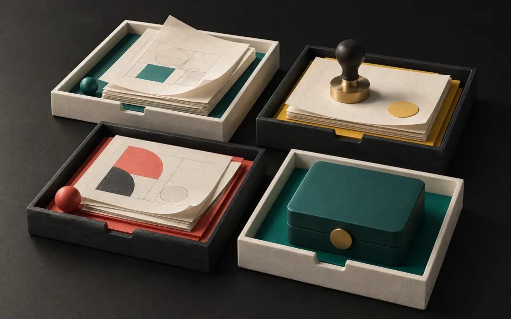 A business workflow scene with geometric sketches, colored documents, an approval seal and a teal archive box on four separate desk trays.