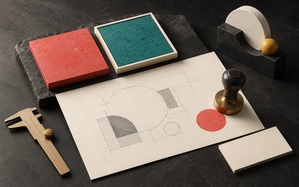 A measuring compass, a geometric drawing, coral and teal material samples, an approval seal and a blank cream card on a dark design desk.