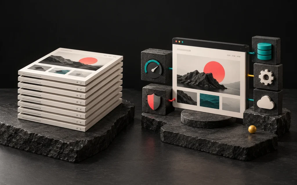 Identical web page templates stacked on stone platforms, next to a custom web page surrounded by speed, security, data and maintenance pieces.