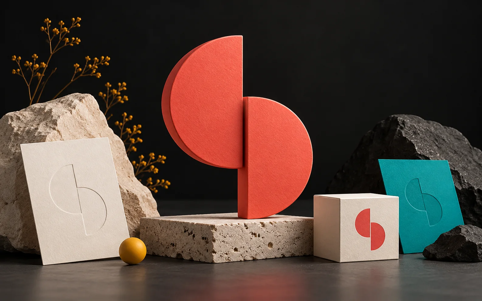 Brand touchpoints built around a shared symbol and color system