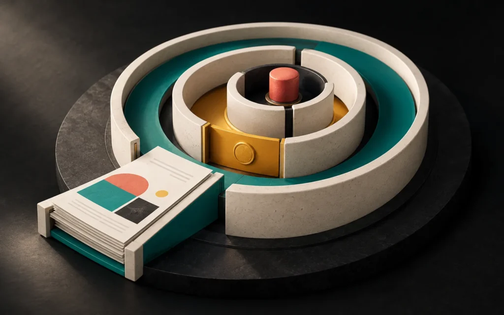 A teal passage, a gold approval gate and a coral control button in the center between cream circular security walls, with a document tray at the entrance.