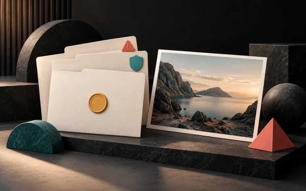 Three cream folders with a gold seal, a turquoise shield and a coral warning on a dark stone table, next to a framed photo of a rocky coast.