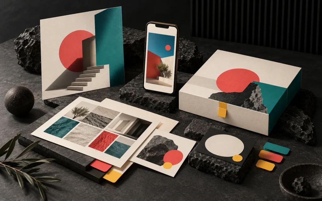 Geometric visuals adapted onto a poster, a phone screen, packaging and a card, with color and texture samples on a dark design desk.