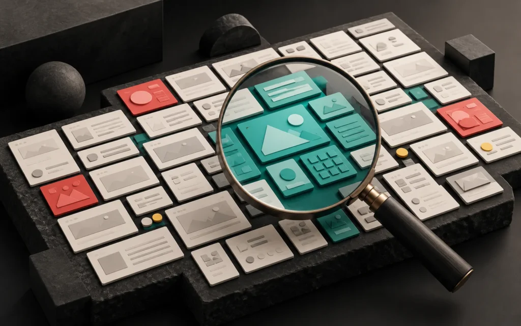 Cream and coral web components spread across a dark stone table, with a magnifying glass highlighting a tidy group of teal components.