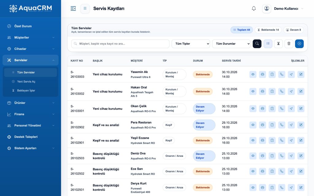 AquaCRM ekran görüntüsü: Servis kayıtları — tip, durum ve plan