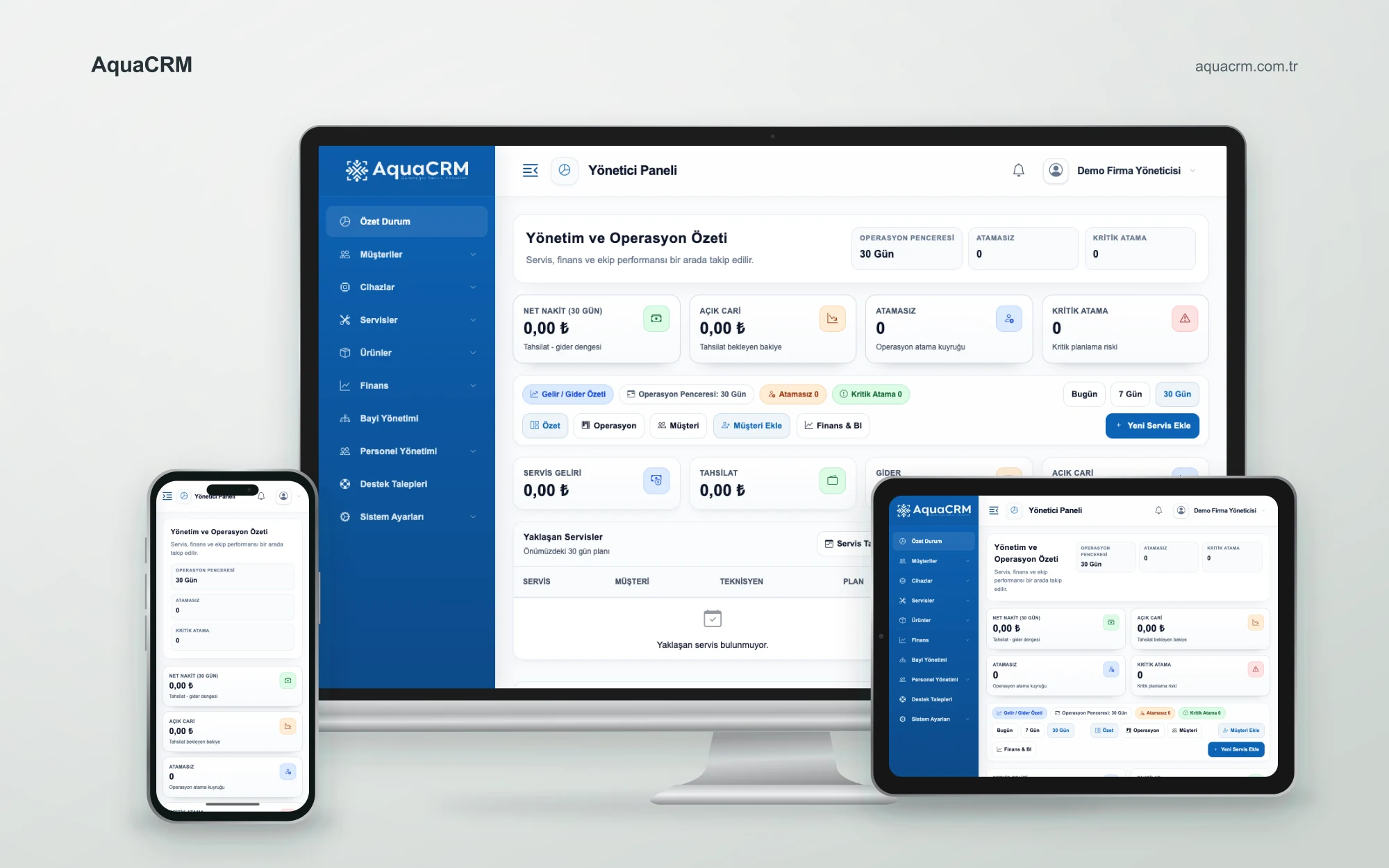 AquaCRM web sitesinin masaüstü, tablet ve mobil cihazlardaki görünümü