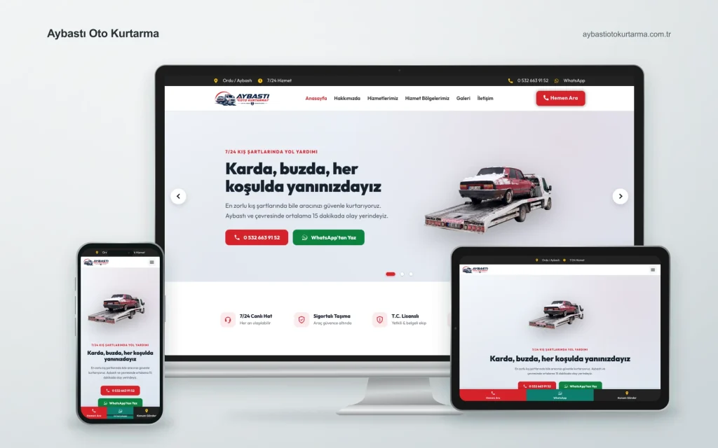 Aybastı Oto Kurtarma web sitesinin masaüstü, tablet ve mobil cihazlardaki görünümü