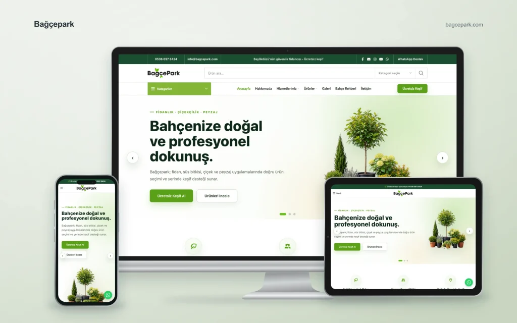Bağçepark web sitesinin masaüstü, tablet ve mobil cihazlardaki görünümü